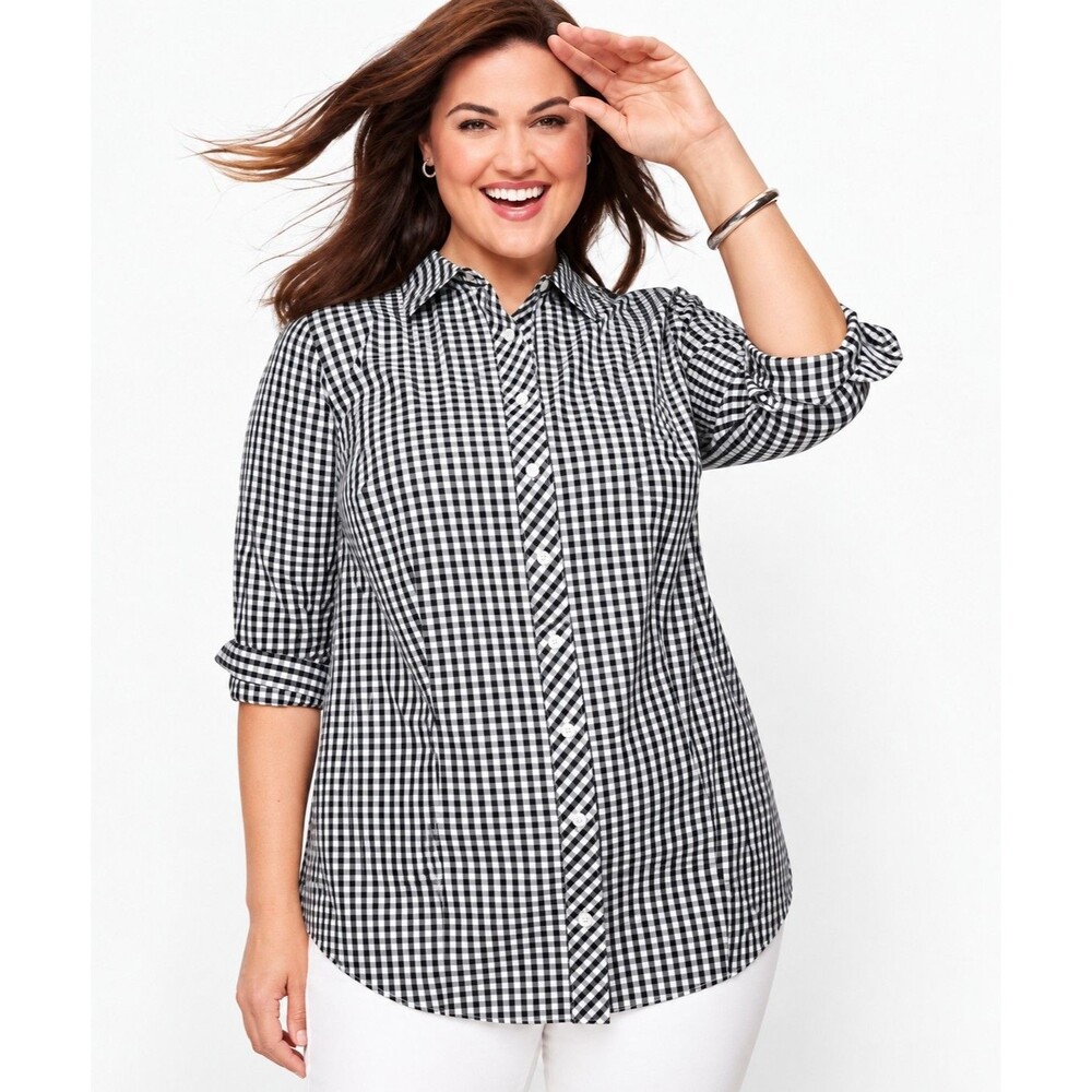Talbots Perfect Shirt Gingham Plaid Sz 22W Black White Stretch No Iron Preppy